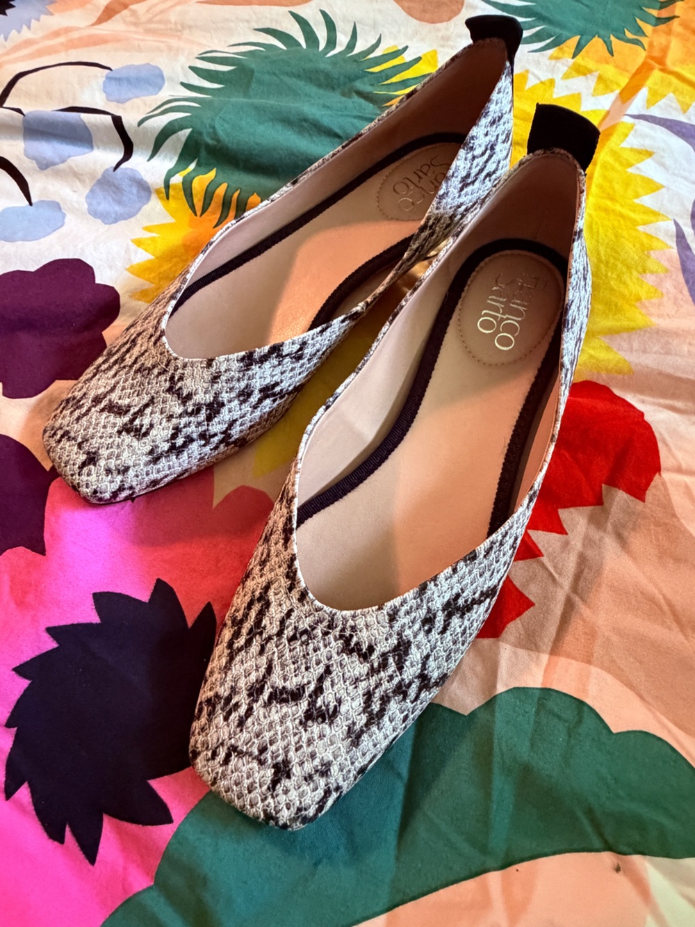 Franco Sarto Snake-Print square Toe Flats in Black and Cream